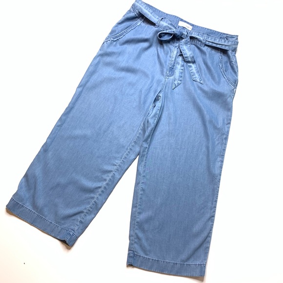 LOFT Chambray Tie Waist Wide Leg Pants Blue Lightweight Size 14 Size 32 - Picture 3 of 5